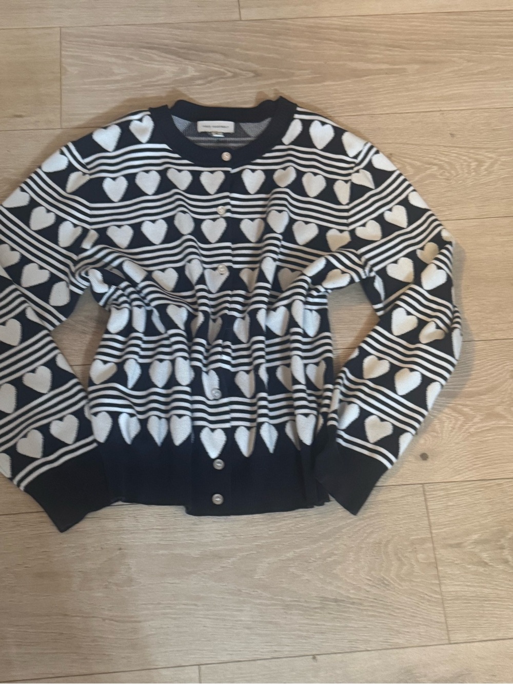 Navy and White Heart-Print Button Cardigan Sweater